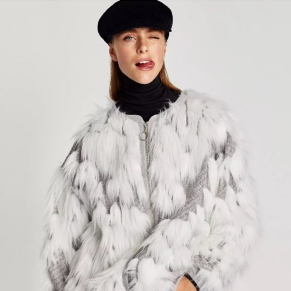Zara White Faux Fur Bomber Jacket